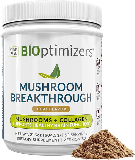BiOptimizers Mushroom Coffee Alternative – Chai Drink – Lion’s Mane, Chaga, Reishi + Collagen Peptides for Focus, Energy & Gut Health – Adaptogenic Mushrooms & MCT Powder – 30 Servings