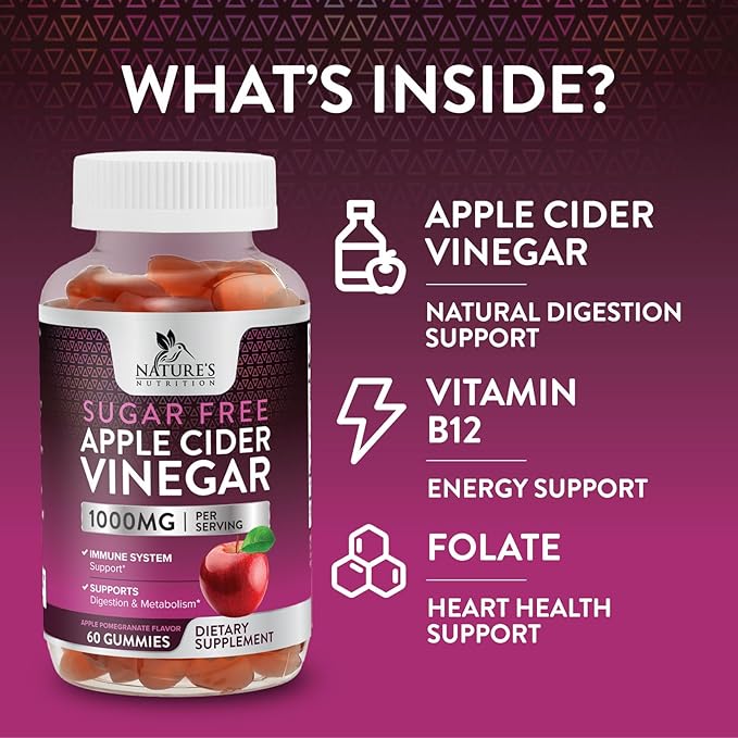 Apple Cider Vinegar Gummies for Weight Loss 1000mg - Vegan Apple Vinegar Gummy for Detox & Cleanse, ACV Supplement Pills, Vitamin B12, Sugar Free ACV Gummy, Non-GMO, Nature's Nutrition - 60 Gummies