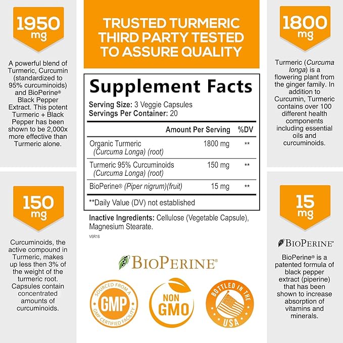 Turmeric Curcumin with BioPerine 95% Standardized 1950mg - 60 Capsules