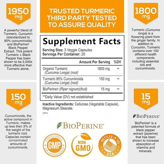 Turmeric Curcumin with BioPerine 95% Standardized 1950mg - 60 Capsules