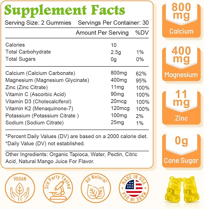 High Absorption Calcium Gummies, Sugar Free Calcium Magnesium Supplement with Vitamin D3 K2 for Bone & Teeth Strength, Muscle Function - Vegan, Mango Flavor 120 Cts
