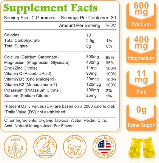 High Absorption Calcium Gummies, Sugar Free Calcium Magnesium Supplement with Vitamin D3 K2 for Bone & Teeth Strength, Muscle Function - Vegan, Mango Flavor 120 Cts
