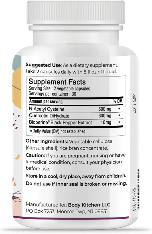 Body Kitchen Mega NAC (N-Acetyl Cysteine) 600 mg with Quercetin, Supports Respiratory Health and Immune Function and Promotes Liver and Kidney Detox, Veggie Caps, (Pack of 1)