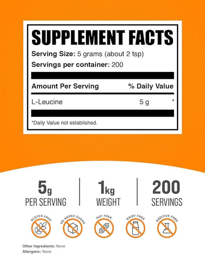 BulkSupplements.com L-Leucine Powder - Leucine Supplements, Leucine Amino Acid - BCAA Supplements, Leucine Powder - Unflavored, 5000mg per Serving, 1kg (2.2 lbs) (Pack of 1)