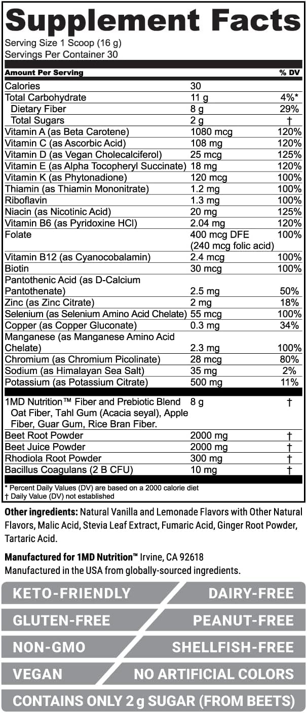 1MD Nutrition CardioFitMD - Vegan Beets Superfood Keto-Friendly Heart Health Powder - Fiber Nutritional Supplement Drink - 30 Servings (2-Pack)