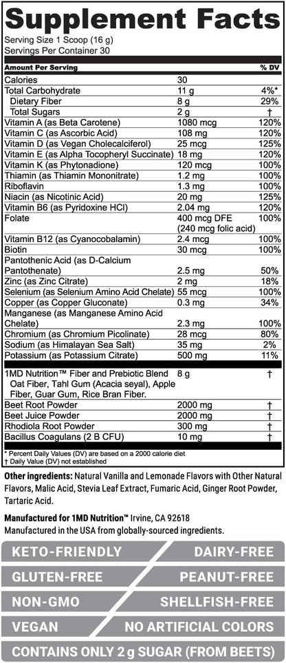 1MD Nutrition CardioFitMD - Vegan Beets Superfood Keto-Friendly Heart Health Powder - Fiber Nutritional Supplement Drink - 30 Servings (2-Pack)