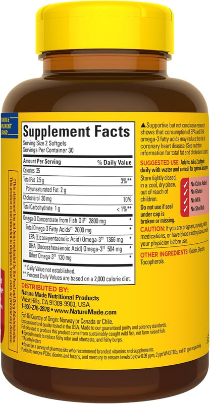 Nature Made Extra Strength Omega 3 2800 mg 3 Supplement 60 Softgels, 30 Day