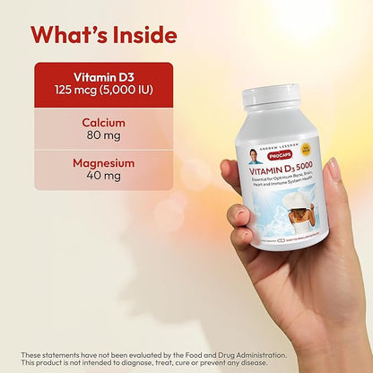 ANDREW LESSMAN Vitamin D3 5000 IU 60 Capsules – High Potency, Essential for Calcium Absorption, Supports Bone Health, Healthy Muscle Function, Immune System and More. Small Easy to Swallow Capsules