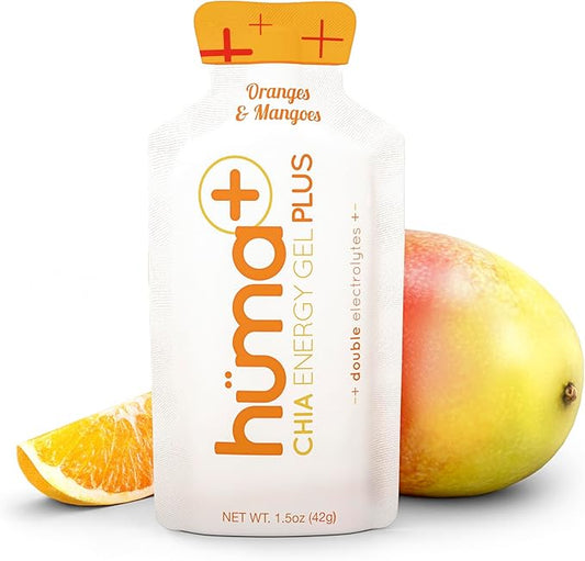 Huma Plus (Double Electrolytes) - Chia Energy Gel, Orange Mango, 24 Gels - Stomach Friendly, Real Food Energy Gels