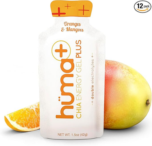 Huma Plus (Double Electrolytes) - Chia Energy Gel, Orange Mango, 12 Gels - Stomach Friendly, Real Food Energy Gels