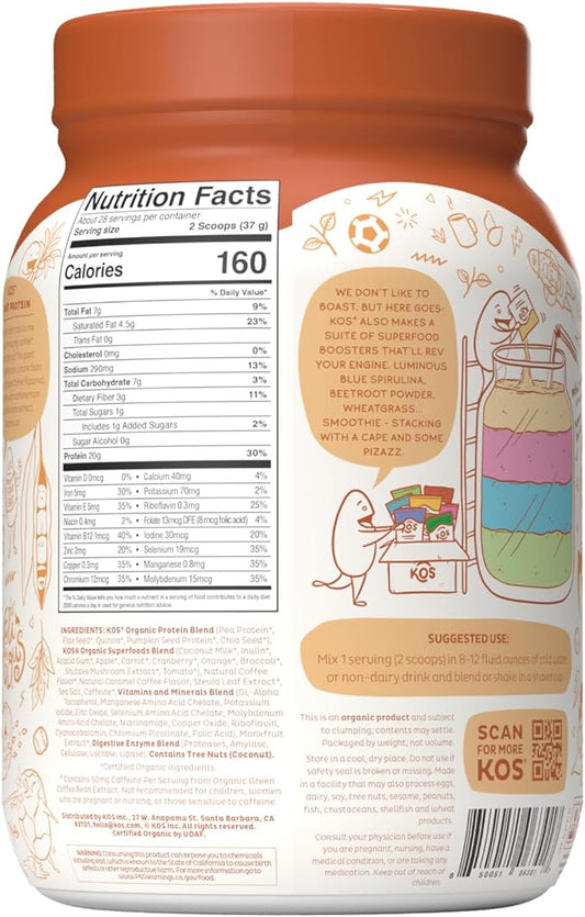 KOS Organic Vegan Protein Powder 50mg Caffeine, 28 Servings