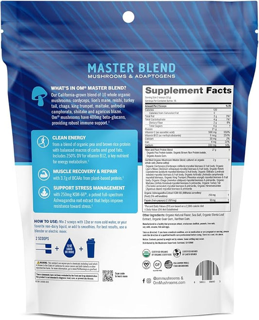 OM MUSHROOM SUPERFOOD Master Blend Plant-Based Protein Powder, 18.27 Ounce, 16 Servings, Creamy Vanilla Protein with 10 Mushroom Complex, Lions Mane, Adaptogens for Optimal Health and Recovery
