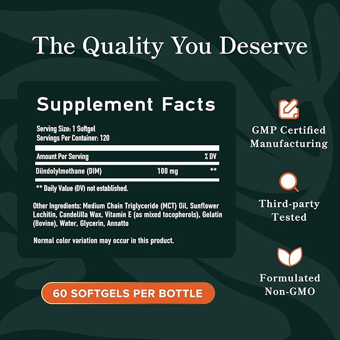 DIM Supplement 100 mg | Estrogen Balance for Women & Men | Diindolylmethane for Hormone Balance, Hormonal Acne, Menopause & Antioxidant Support | with MCT Oil & Vitamin E | Gentle Softgels | 120 Ct.