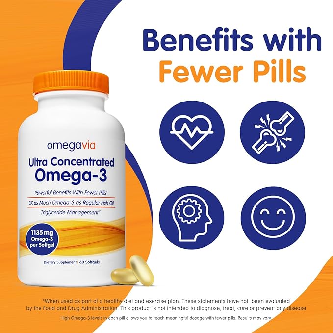 OmegaVia Ultra Concentrated Omega 3 Fish 60 Softgels, 3 Fish 1135 mg Omega3, No 5-Star