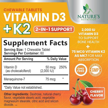 Vitamin D3 K2 as MK-7 2000iu of D3 & 75mcg K2, K2, Vitamin K2 D3 D3 Bone 60 Chewable