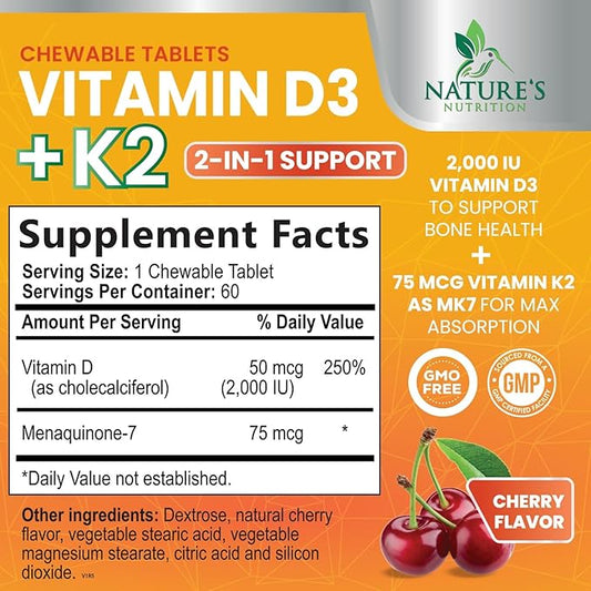 Vitamin D3 K2 as MK-7 2000iu of D3 & 75mcg K2, K2, Vitamin K2 D3 D3 Bone 60 Chewable