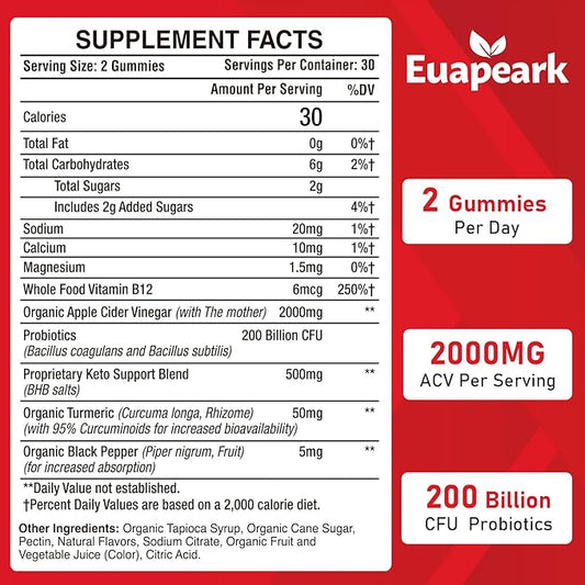 Apple Cider Vinegar Gummies, Keto ACV Gummies with Probiotics, Vitamin B12 & Keto Support, 2000 mg ACV Gummies with Mother for Digestion, Metabolism, Cleanse & Detox Diet, Vegan, Low Sugar, 120 Counts