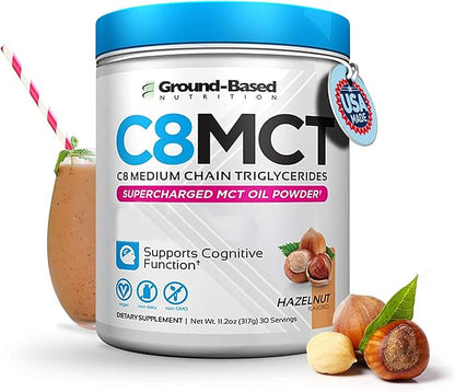 Ground-Based Nutrition C8 MCT Oil Powder – Supercharged Medium Chain Triglycerides MCT Oil Powder – Vegan-Friendly, Non-GMO Powdered C8 MCT Oil, Ketogenic MCT Coffee Creamer, No Stevia (Hazelnut)