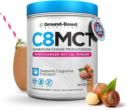 Ground-Based Nutrition C8 MCT Oil Powder – Supercharged Medium Chain Triglycerides MCT Oil Powder – Vegan-Friendly, Non-GMO Powdered C8 MCT Oil, Ketogenic MCT Coffee Creamer, No Stevia (Hazelnut)