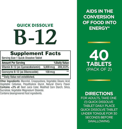 Nature's Bounty Vitamin B12, Quick Dissolve 5000mcg, 40 40 Tablets 2)