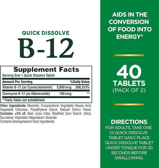 Nature's Bounty Vitamin B12, Quick Dissolve 5000mcg, 40 40 Tablets 2)
