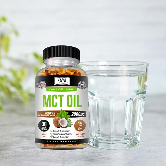 Kaya Naturals MCT Oil 2000mg - Non-GMO, Soy-Free, Gluten-Free - Brain, Digestive & Skin Health - 30 Softgels