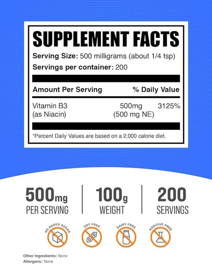 BulkSupplements.com Niacin Powder - Vitamin B3 Supplement, Niacin 500mg - Niacin Flush, Niacin with Flushing - Gluten Free, 500mg of Niacin per Serving, 100g (3.5 oz) (Pack of 1)