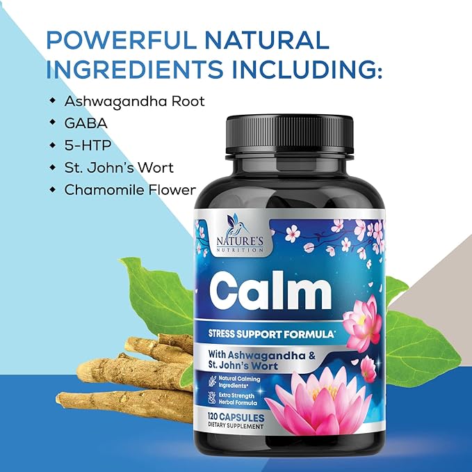 Stress Support Supplements for Mood & 5-HTP, L-Theanine 120 Capsules