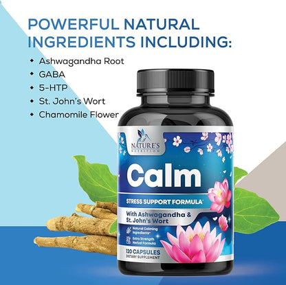 Stress Support Supplements for Mood & 5-HTP, L-Theanine 120 Capsules