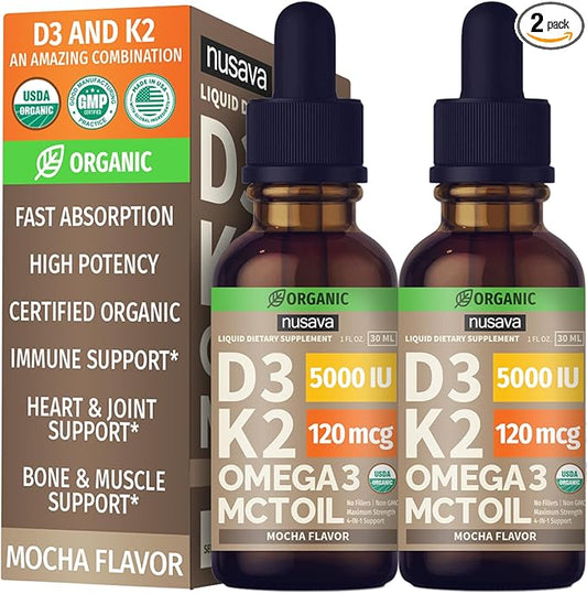 (2 Pack) Organic Vitamin D3 K2 3, 5000 5000 IU, 5000 IU, D3 for 2 Fl