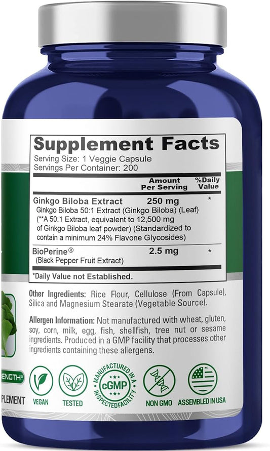 NusaPure Ginkgo Biloba Extract 12,500mg per 200 Capsules 50:1) Bioperine