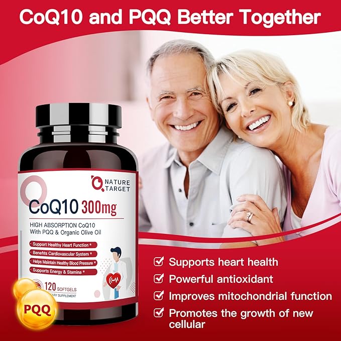 NATURE TARGET CoQ10-300mg-Softgels + PQQ with Organic-Olive-Oil Absorption-Coenzyme-Q10 - 120 Servings
