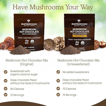Real Mushrooms Organic Hot Chocolate Mix with 5 Defenders Turkey Tail, Chaga, Maitake, Shiitake, Reishi Mushroom - Cacao Powder Vegan Supplement, Gluten-Free, 15 Servings