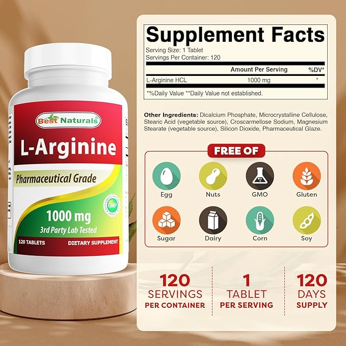(New Improved Formula) Best Naturals L-Arginine 1000 mg 120 Tablets - Pharmaceutical Grade L Arginine supplement promotes nitric oxide synthesis