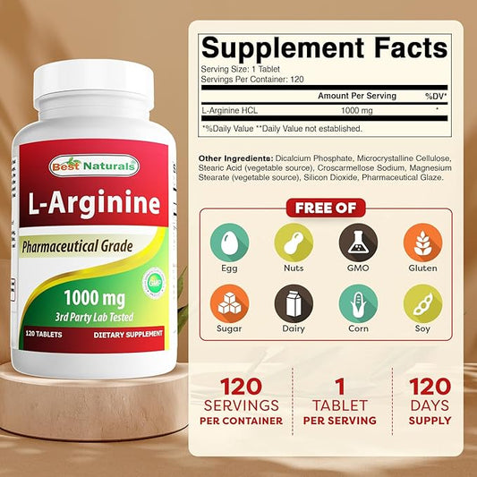 (New Improved Formula) Best Naturals L-Arginine 1000 mg 120 Tablets - Pharmaceutical Grade L Arginine supplement promotes nitric oxide synthesis