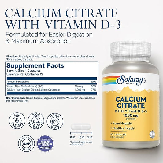 Solaray Calcium Citrate with Vitamin D3 1000mg 60-Day Guarantee 15 Servings, 90 Capsules