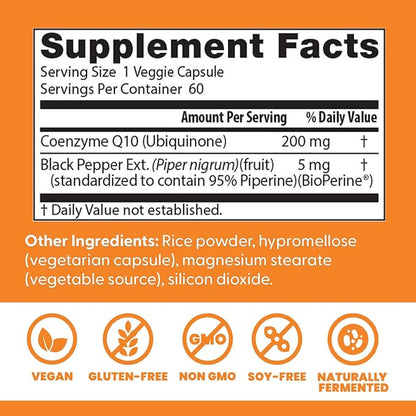Doctor's Best High Absorption CoQ10 with BioPerine, Heart Health & Energy Production, Naturally Fermented, Gluten Free, Vegan, 200 mg 60 Veggie Caps