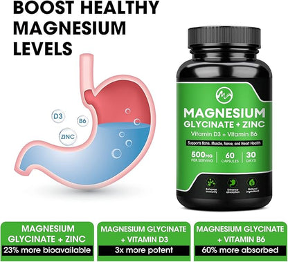 Magnesium Glycinate Capsules, Magnesium Supplement 500mg Zinc D3 & B6 - 60 Vegan