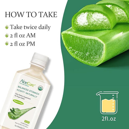 AloeCure USDA Organic Aloe Vera Juice Made Within 12 Hrs of Harvest - Pure Aloe Juice Natural Digestive Supplement to Support Digestion, Immune System and Balanced Stomach Acidity, 6 x 500ml Bottles