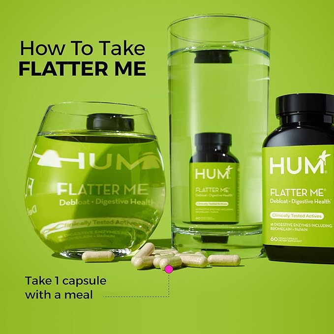 HUM Flatter Me Digestive Enzymes Bloating Supplement - Fast-Acting Bloat Relief for Digestive Health & Debloating Multi Enzyme | Bloat Pills, Anti Bloat Pills, Vegan 180 Servings