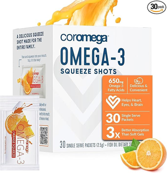 Coromega Omega 3 Fish Oil Supplement, 650mg of Omega-3s with 3X Better 30 Single