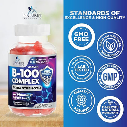 Super B Complex Gummy with Vitamin C & Folic Acid, Extra Strength Vitamin B Gummies Supplement with Niacin, B6, Folic Acid, B12, Biotin, Nature's Energy Immune Support Supplements - 60 Gummies