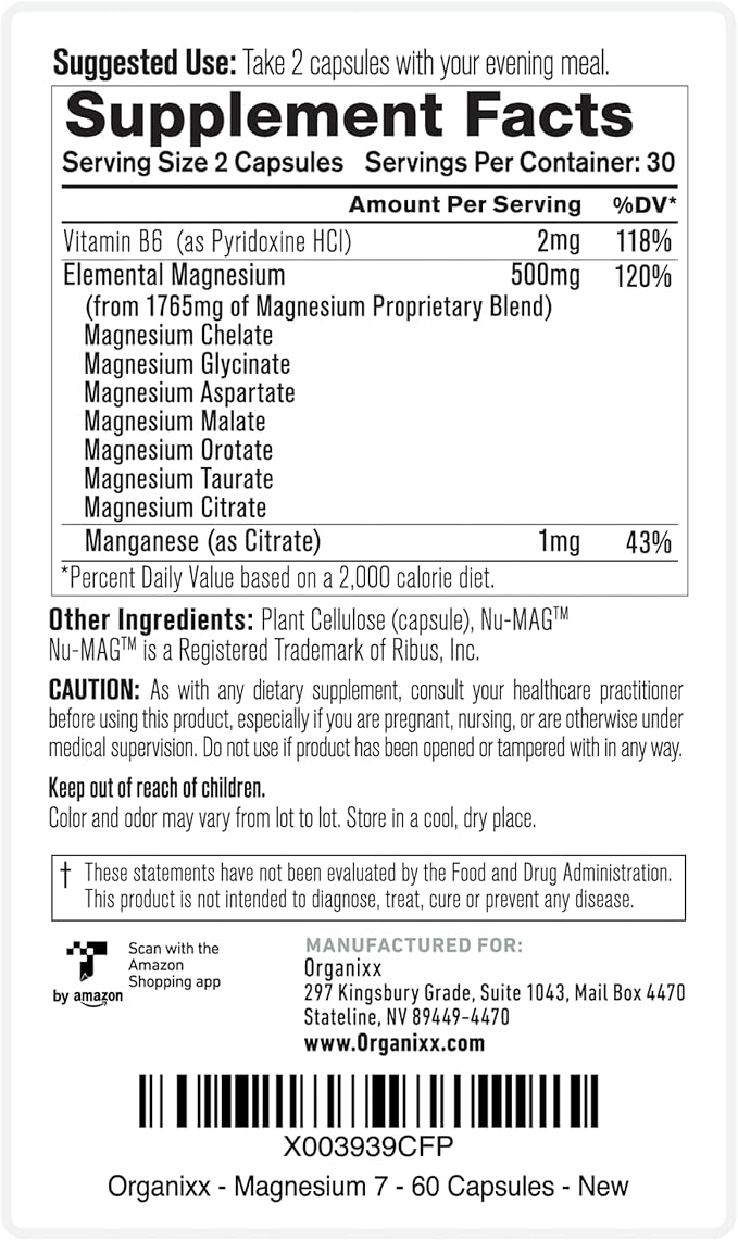 Organixx Magnesium Supplement, Natural Calm Magnesium B6 and (60 Count)