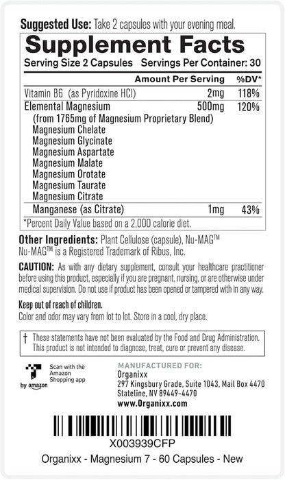 Organixx Magnesium Supplement, Natural Calm Magnesium B6 and (60 Count)