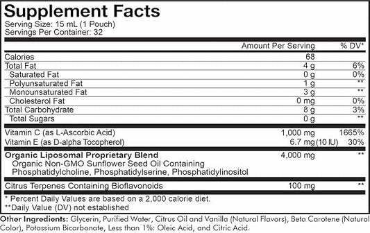 Codeage Liposomal Vitamin C Liquid 1000mg Vitamin C, 4000mg Essential Phospholipids, Supplement For Daily Immune Support, Liposomes For Absorption, Citrus Bioflavonoids, Vitamin E, Non-GMO, 32 Pouches