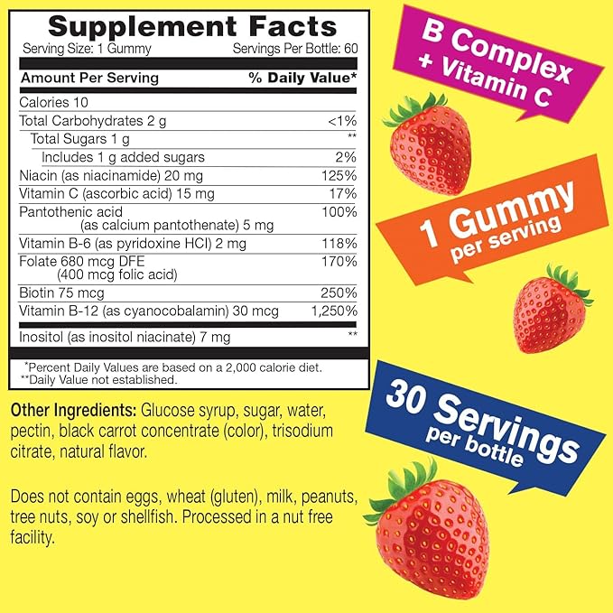 Vitamin B Complex Gummies -with Vitamin B6, Folic B12, Biotin 2 Month -60 Gummies