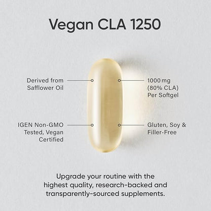 Sports Research Vegan CLA - 1250mg with Active Conjugated Linoleic Acid for Men & Women | Non-GMO, Soy & Gluten Free - 80% (180 Softgels)