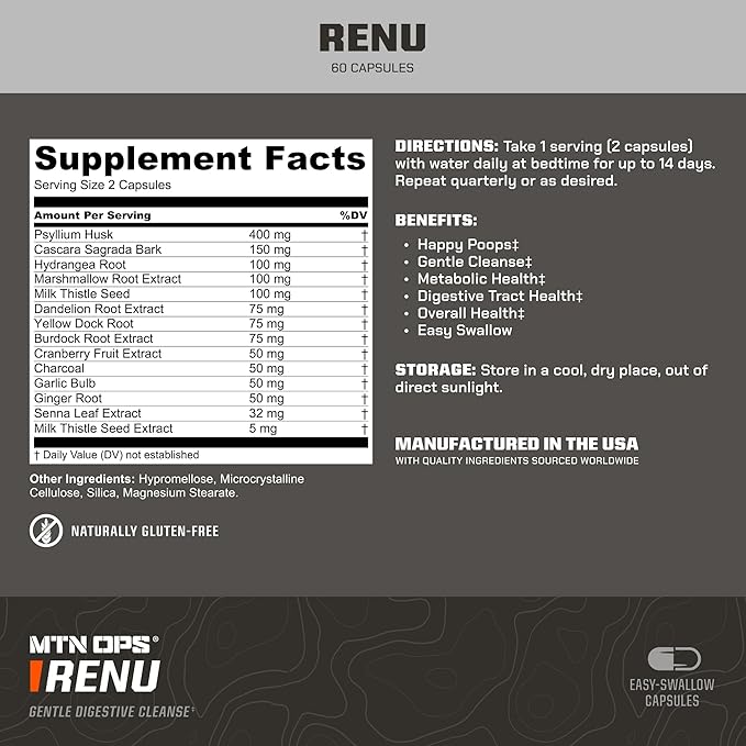 MTN OPS Renu Detox Cleanse, Full Body & Colon Cleanse Capsule Antioxidants Supplement, 30 Servings