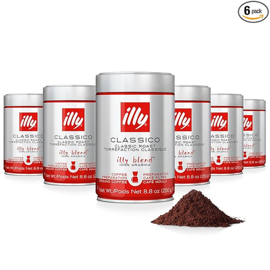 illy Ground Drip Coffee - 100% Arabica – Classico Medium Roast - Notes of Caramel, Orange Blossom & Jasmine - No Preservatives – Mild & Balanced – 250g, 6 Pack