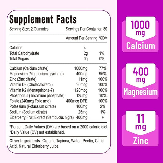 Calcium Magnesium Zinc Gummies with Vitamin D3 & K2, High 60 Gummies…